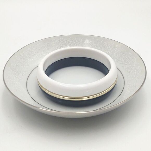 Vintage Black & White Acrylic Bangle Bracelet with Gold Metal Accent - Picture 2 of 4